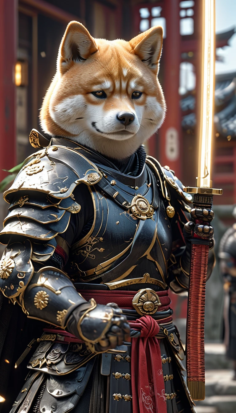 Shiba Inu Samurái,todo el cuerpo, Tiene una espada japonesa cargada de rayos.., Wearing black armor and hakama haori, fondo del templo japonés, Alta resolución, obra maestra, de la máxima calidad, Muy detallado, Muy detallado, Ultrarrealista,
 estilo japonés, 3D esponjoso, Primeros planos lindos y adorables., lindos ojos grandes y redondos reflectantes, pelaje largo y difuso, Representación de Pixar, unreal engine cinematográfico smooth, Detalle exquisito, cinematográfico