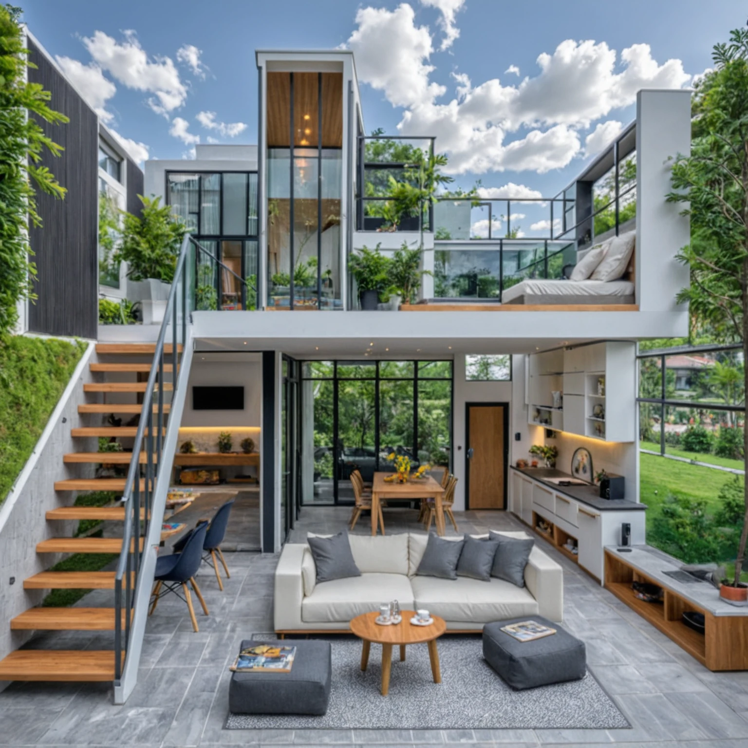 Masterpiece, high quality, best quality, authentic, super detail, outdoors, onestoreyvillaXL, aiaigroup, house style modern on the street ,stairs, white wall ,road,pavement, grass, trees, sky, cloud, (daylight:1.1)
