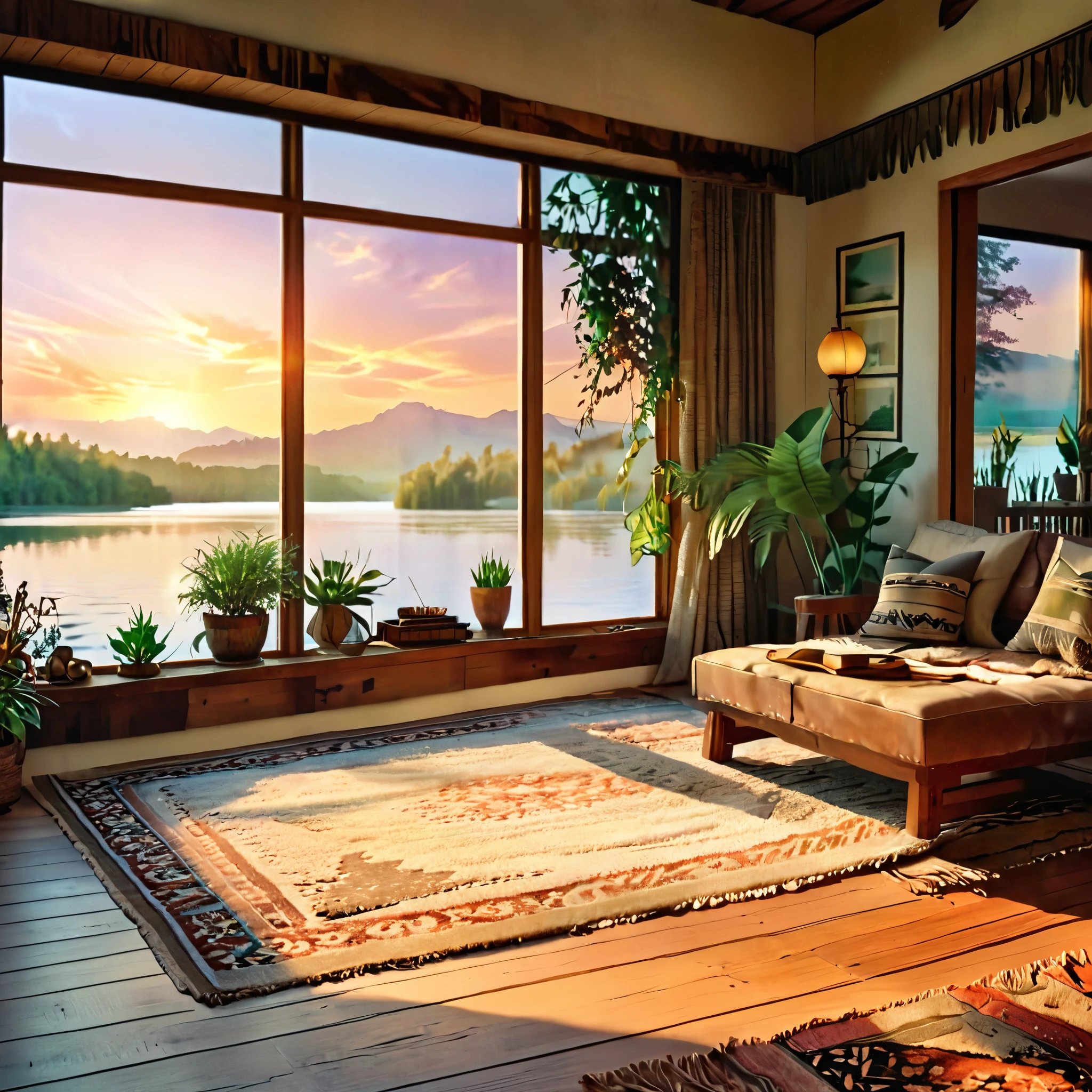 A cozy and rustic living room with a large open window view of a sunset over a serene lake. The room features warm wooden furniture, soft textured rugs, and earthy tones. The space is filled with indoor plants, vintage decorations, and ambient lighting that creates a relaxing and inviting atmosphere