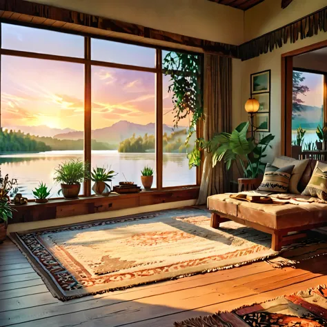 A cozy and rustic living room with a large open window view of a sunset over a serene lake. The room features warm wooden furnit...