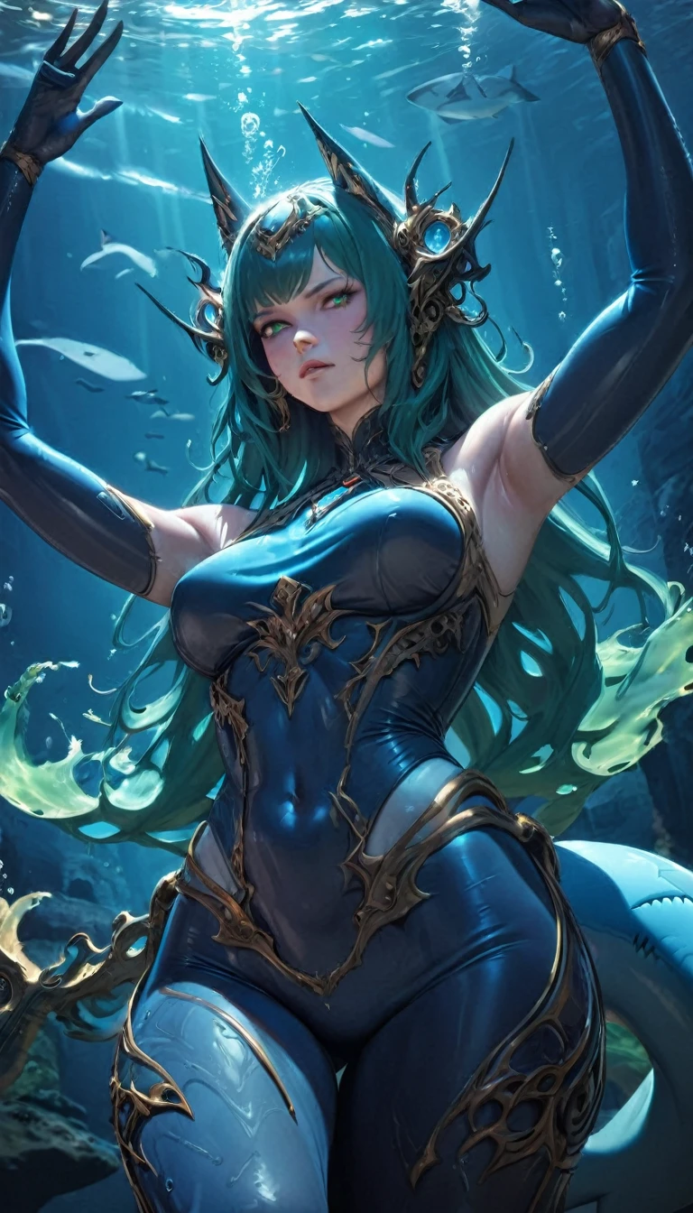 best quality,4k,8k, highres, masterpiece:1.2), ultra-detailed, extremely detailed eyes, extremely detailed body, the average Levianthar woman is a striking and formidable figure, standing tall at around 6 to 7 feet with a lean, muscular build that showcases her strength and agility. Her skin is smooth and slightly iridescent, with a bluish or grayish tint that shimmers under light, reflecting her aquatic heritage. She possesses long, flowing hair that ranges in color from deep seaweed green to midnight blue, often adorned with small, bioluminescent beads or shells. Her large, expressive eyes are adapted for both underwater and terrestrial vision, featuring hues of deep blue or emerald, green, and often possessing a subtle, ethereal glow. High cheekbones and slightly elongated ears add to her otherworldly beauty, while gill-like structures along her neck hint at her ability to thrive in the ocean depths. Her fingers and toes are slightly webbed, enhancing her swimming abilities, and a thick, powerful tail reminiscent of a shark's extends from her lower back, aiding in swift underwater movement. Her overall appearance exudes an aura of strength, grace, and mystery, embodying the unique blend of aquatic and humanoid features that define the Levianthar race, dynamic lighting, cinematic lighting, dramatic atmosphere, Atey Ghailan, Jeremy Mann, Greg Manchess, Antonio Moro, trend in ArtStation, trend in CGSociety, Intricate, High Detail, Sharp focus, dramatic and photorealistic painting art by Midjourney and Greg Rutkowski, Jeff Bridges, ((cartoon style)), Marvel Cinematic Universe style, tail, shark tail, fins, fish tail, shark fin, ((shark girl)),