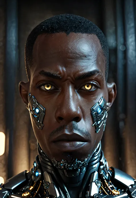 cinematic closeup front facing portrait of shawt a black man as a cyborg from dc comics, highly detailed cybernetic face, glowin...