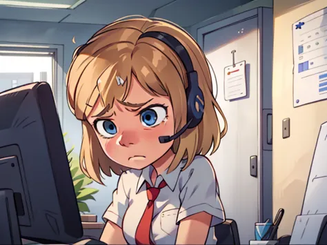 riley andersen, (1 girl), working in a call center, Blonde, blue eyes, short hair, sad face,