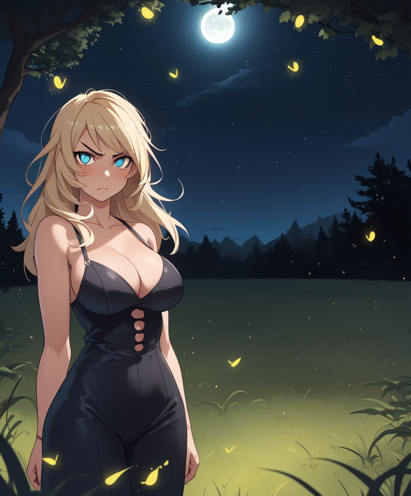 best quality, large breasts, (1girl, solo:1.1), serious face, detailed eyes, looking at viewer, night, moonlight, starry sky, grass meadows, fireflies,  cleavage,