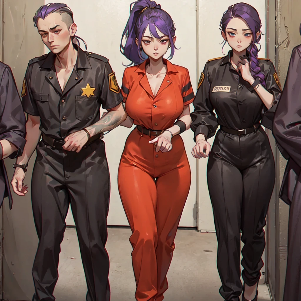 Anime girl (purple hair, large ponytail, huge breast, neckline.) being admitted to a women's prison. In this beginning, the girl is escorted by two guards, who take her through the prison while other inmates watch her. She is found dressed in a striped black and white prison jumpsuit, and the guards conduct a body search before releasing her to her cell.