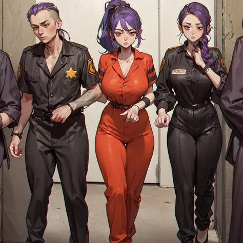 Anime girl (purple hair, large ponytail, huge breast, neckline.) being admitted to a women's prison. In this beginning, the girl...