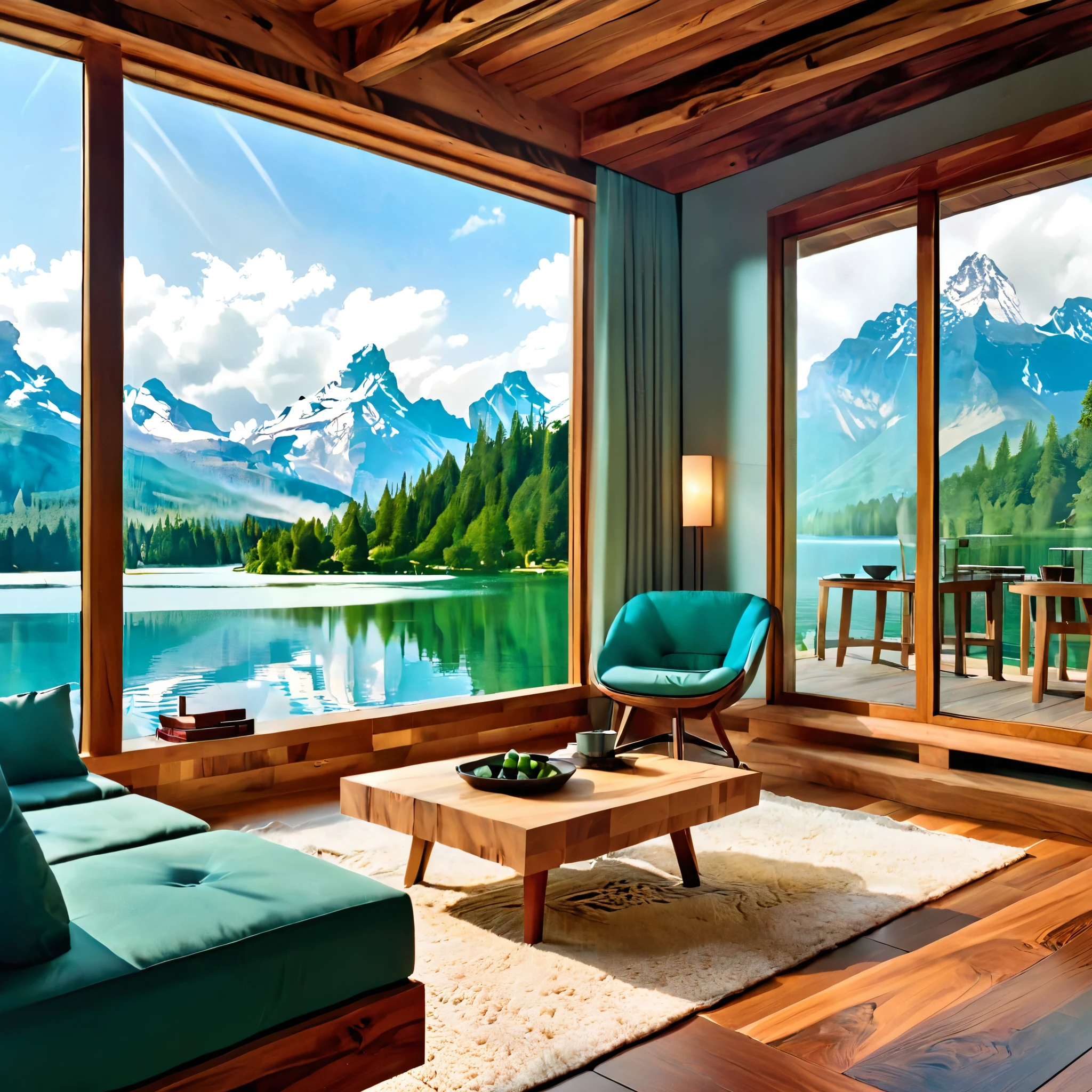 Ein luxuriöses und modernes Wohnzimmer mit einem großen offenen Blick auf einen ruhigen Bergsee. Der Raum ist mit eleganten Holzmöbeln ausgestattet, minimalistisches Dekor, und große Glasfenster, die die natürliche Schönheit draußen hervorheben. Die Farbpalette umfasst kühle Blau- und Grüntöne, ergänzt durch warme Holzakzente und moderne Beleuchtungskörper