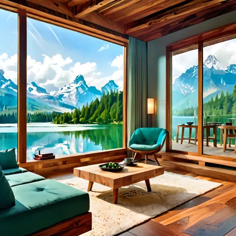 A luxurious and modern living room with a large open view of a serene mountain lake. The space features sleek wooden furniture, ...