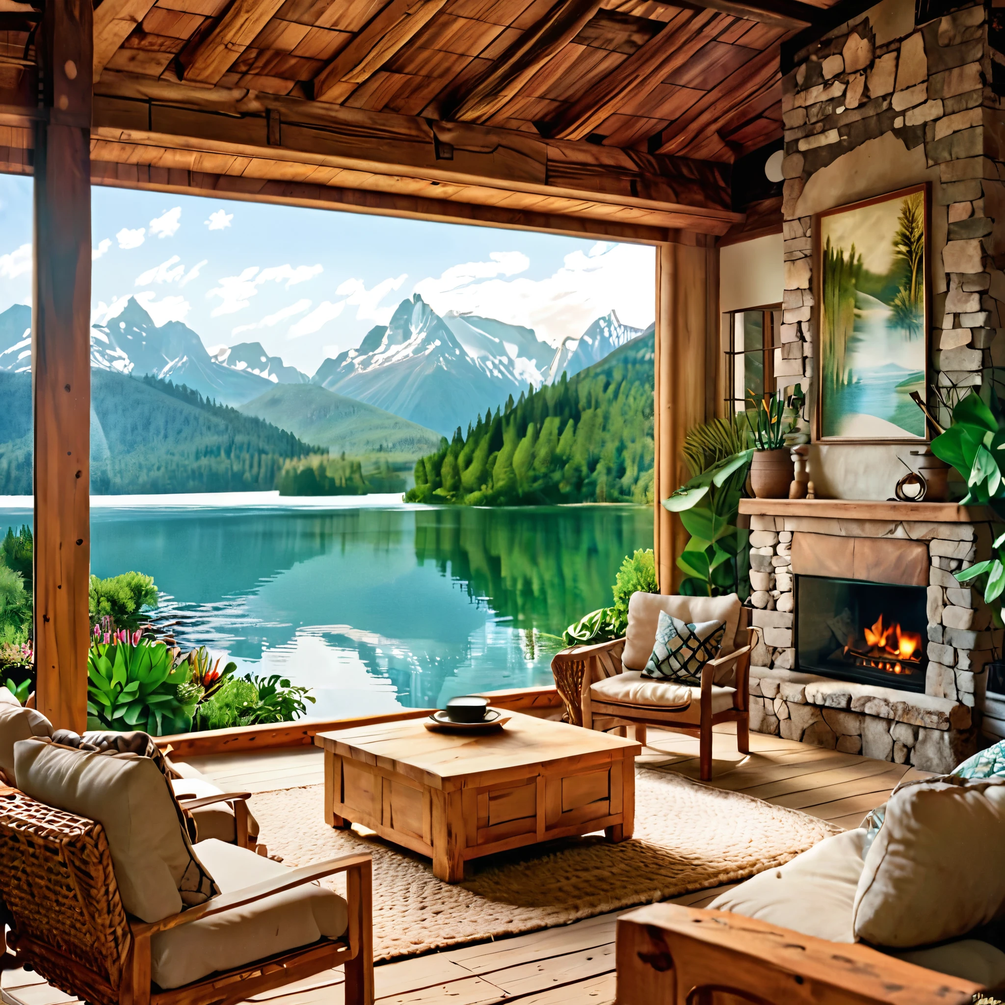 Una sala de estar acogedora y rústica con una amplia vista de un tranquilo lago de montaña.. La habitación está amueblada con cómodas sillas de mimbre., cojines suaves, y una mesa de café de madera. El diseño incluye tonos terrosos., materiales naturales, y plantas de interior, Creando un ambiente cálido y acogedor que combina a la perfección con el impresionante paisaje exterior..