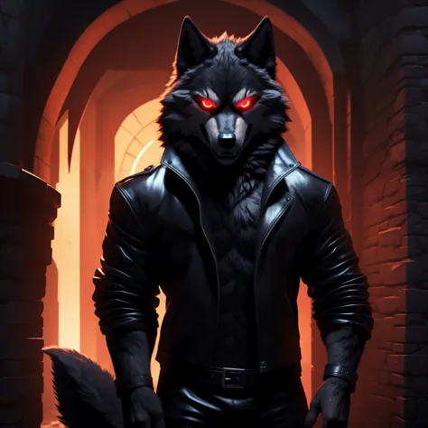 posing, male, 30 years old, evil grin, black leather jacket, anthro, wolf ears, (black fur:1.5), wolf, dungeon background at nig...