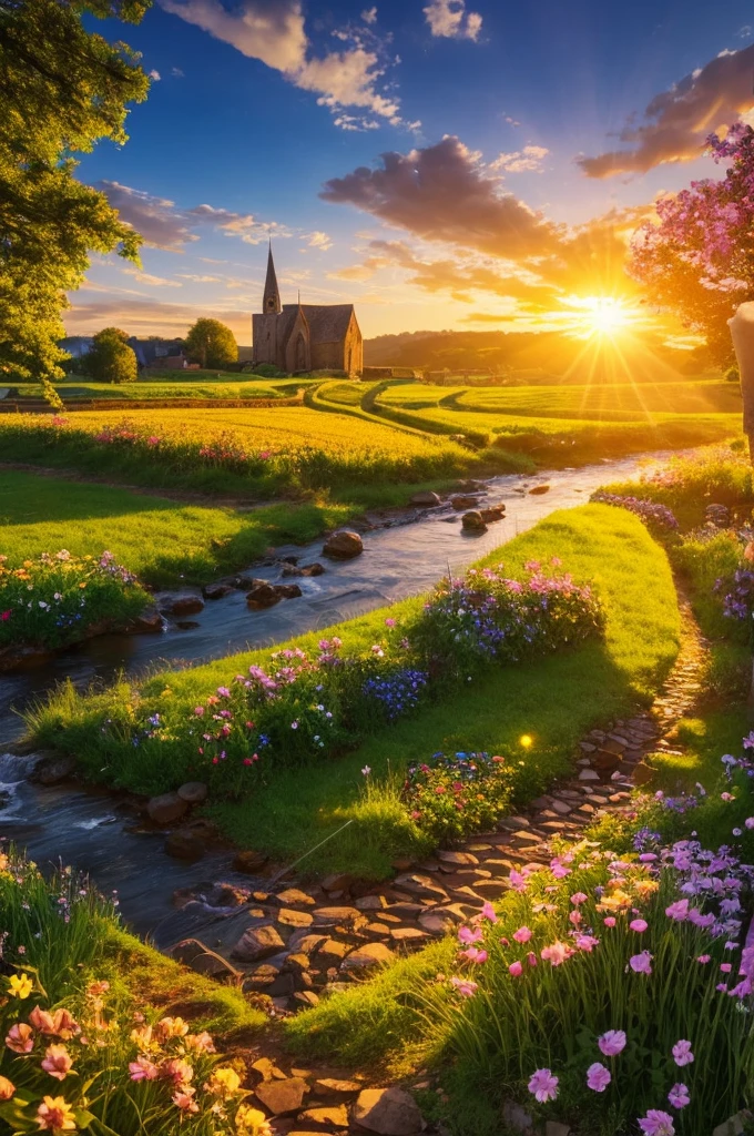 A medieval church surrounded by a flower valley, a cobblestone path and a wooden bridge crossing a river at sunset, sea view. Sunset with sun rays, lots of light and shadow in harmony.