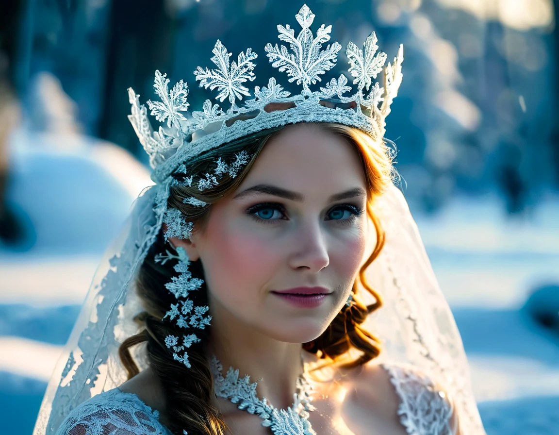 Une immense couronne de dentelle d&#39;eau glacée finement ciselée et ajourée offre de la puissance à un sublime, reine heureuse et radieuse, 