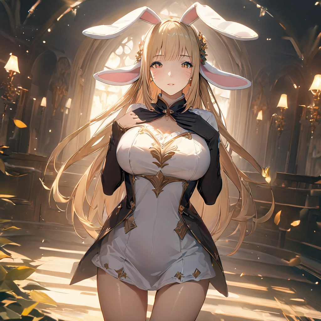 A woman wearing a furry bunny costume，Wearing big bunny ears, full-body shot, Wide Angle, Lovely and full of childlike expression, Professional Portraits, Super Fine 8K, high resolution, Detailed facial features, Detailed clothing, Soft Light, excellent, fantasy, Soft colors, Lovely