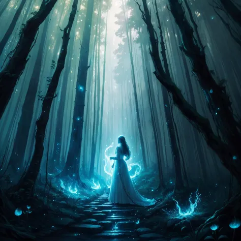 painting of a woman in a forest with a light shining on her, concept art by jason benjamin, trending on cgsociety, fantasy art, ...