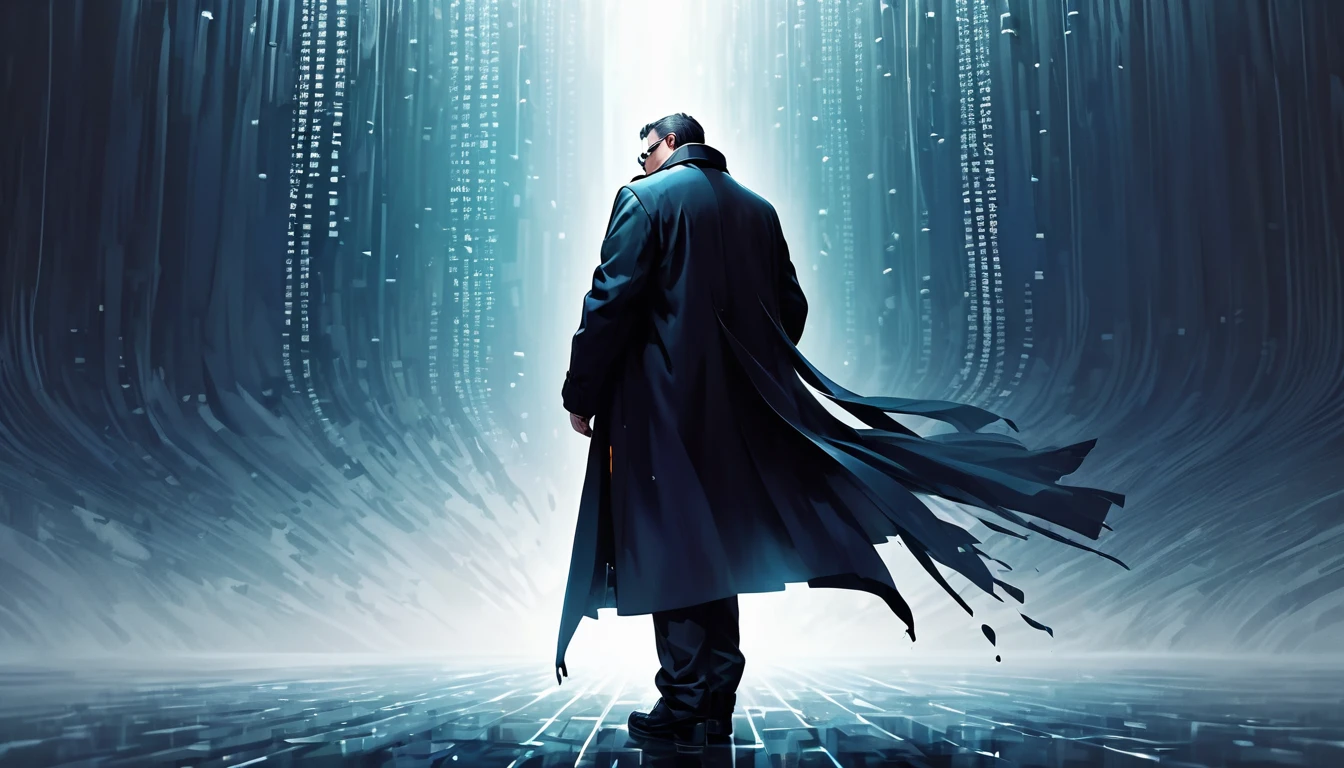 gloomy background, a middle-aged hacker man wearing a black overcoat, lost in the computer world, falling into the middle of a waterfall of binary code, fusion of dreams and computer code, masterpiece, light cinema, modern ink, urban, aesthetic