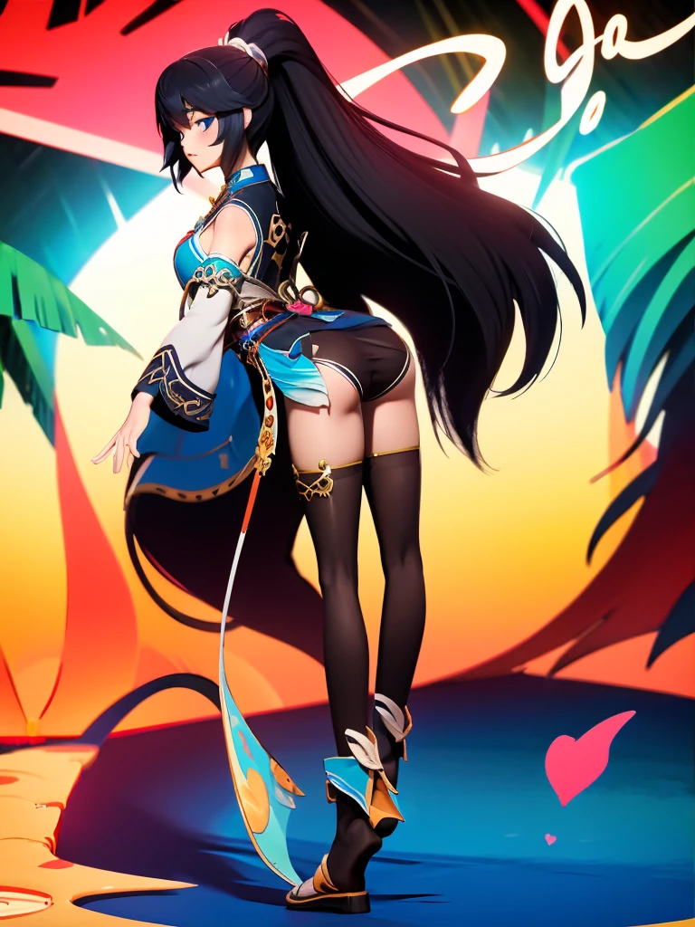 Seizo Watase style, Simple Line Initialism，Abstract art, 3d character, colorful hearts ,(((The most beautiful girl of all time))),  (full body 1.2), only girl, 20 year old, full body, (((8k))), (((3d))), long hair, black hair, jungle background, hair tied high, look from back