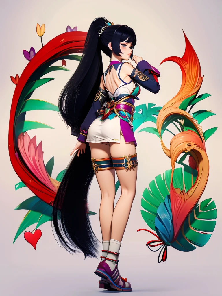 Seizo Watase style, Simple Line Initialism，Abstract art, 3d character, colorful hearts ,(((The most beautiful girl of all time))),  (full body 1.2), only girl, 20 year old, full body, (((8k))), (((3d))), long hair, black hair, jungle background, hair tied high, look from back