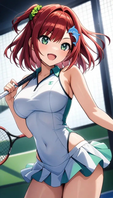 1girl, sakimiya iruka, dolphin wave, red hair, one side up, green scrunchie, hair ornament, green eyes, 

tennis uniform, 
cowbo...