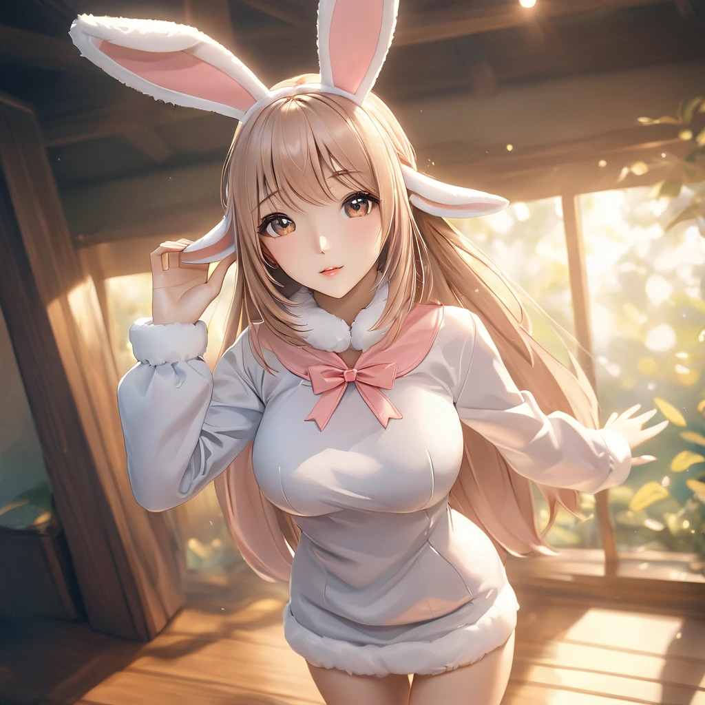 A woman wearing a furry bunny costume，Wearing big bunny ears, full-body shot, Wide Angle, Lovely and full of childlike expression, Professional Portraits, Super Fine 8K, high resolution, Detailed facial features, Detailed clothing, Soft Light, excellent, fantasy, Soft colors, Lovely