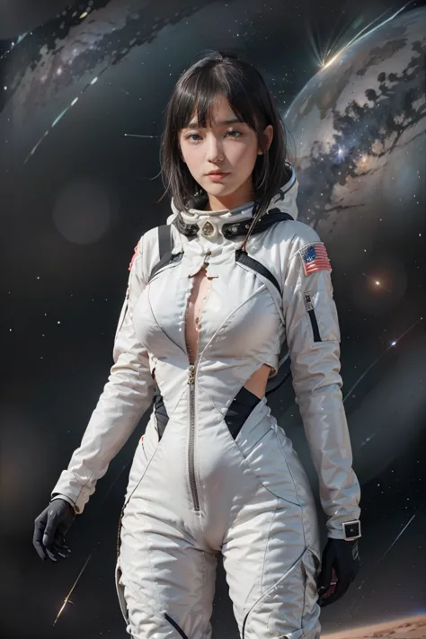 Teenage girl working in a space suit、Nebulae and shooting stars can be seen in the background.