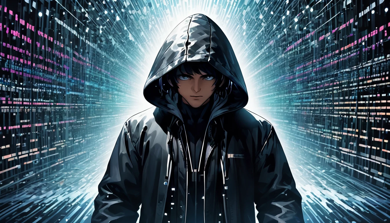 fundo escuro, um hacker de meia-idade vestindo um casaco preto com capuz, perdido no mundo da informática, caindo no meio de uma cachoeira de código binário, fusão de sonhos e código de computador, obra de arte, Iluminação de cinema, tinta moderna, urbano, estética