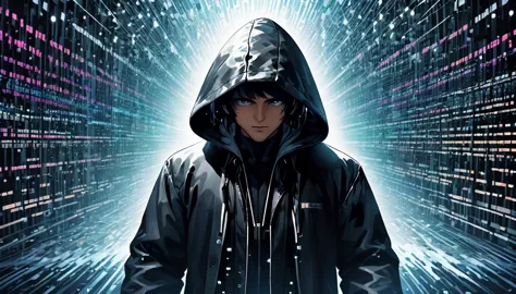 dark background, a middle-aged hacker man wearing a black hooded coat, lost in the computer world, falling into the middle of a ...