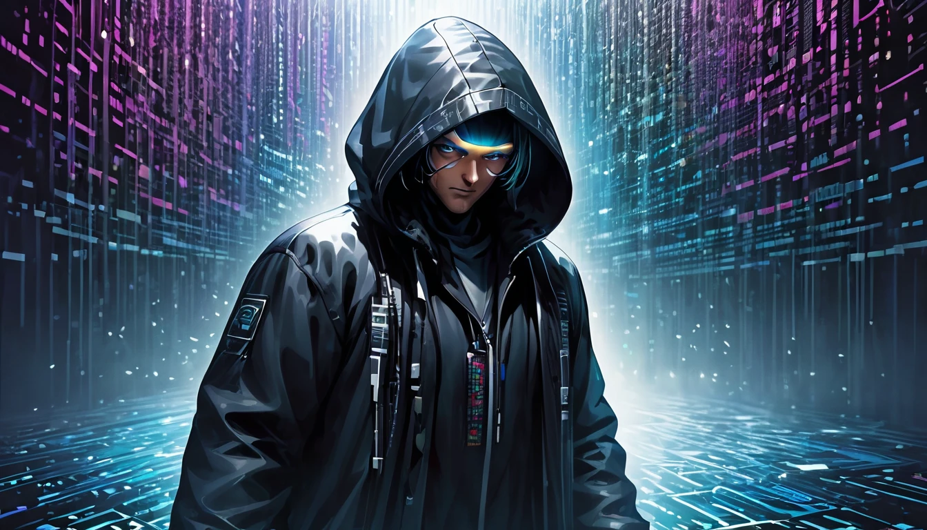 어두운 배경, 검은 후드 코트를 입은 중년 해커 남자, 컴퓨터 세계에서 길을 잃다, 바이너리 코드의 폭포 한가운데로 떨어지다, 꿈과 컴퓨터 코드의 융합, 걸작, 시네마 조명, 현대 잉크, 도시의, 미적인