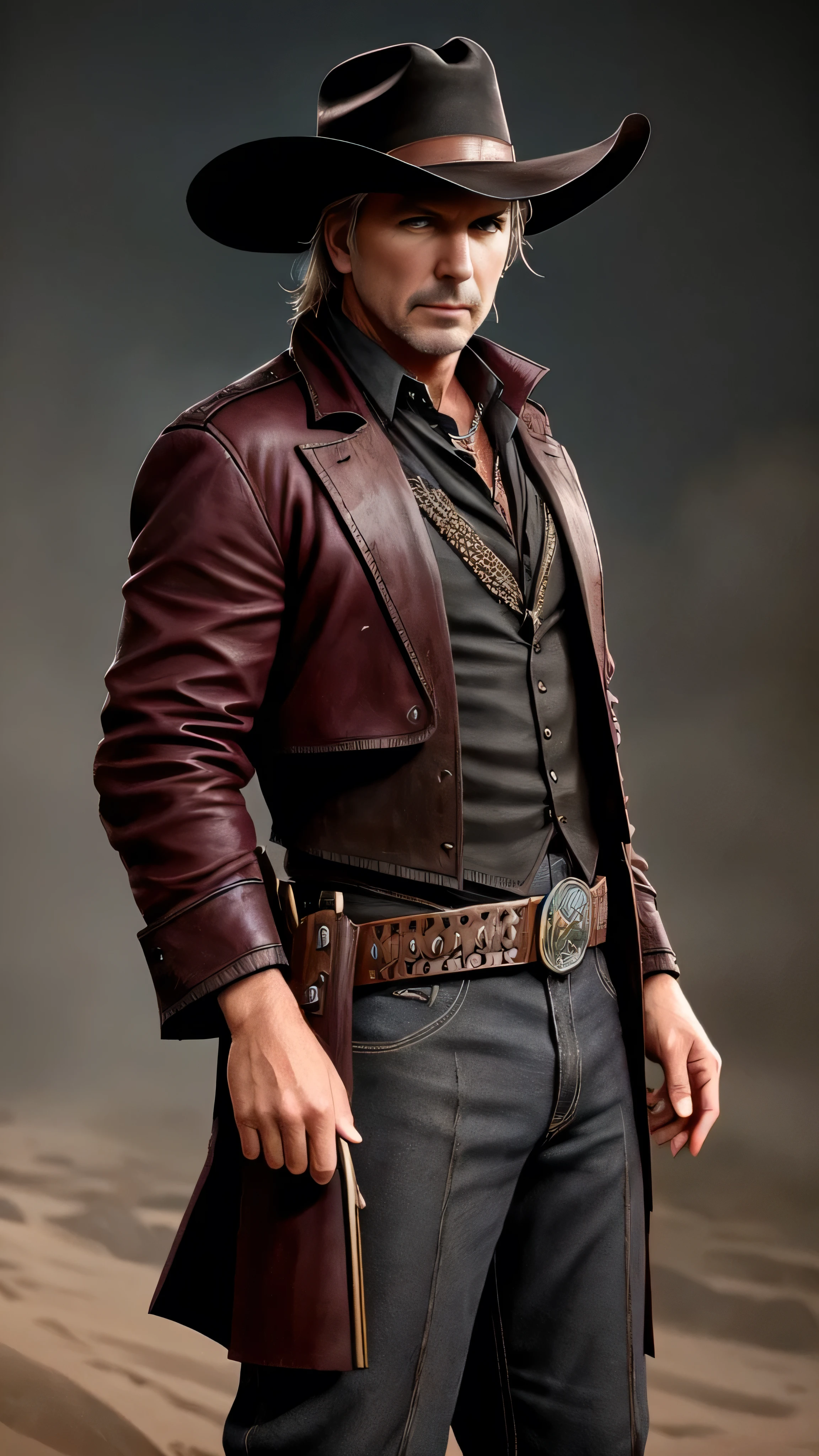 (Kevin Costner) as Erron Black from Mortal Kombat, maroon cowboy outfit, cowboy hat, 2 revolvers, 1man, solo, full body view, front view, looking at viewer, intricate, high detail, sharp focus, dramatic, photorealistic painting art by greg rutkowski