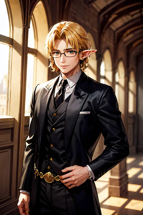 a half-elf man, high, delgado, very pale skin, black fur, golden locks, short hair, golden colored eyes, light semi-formal clode...