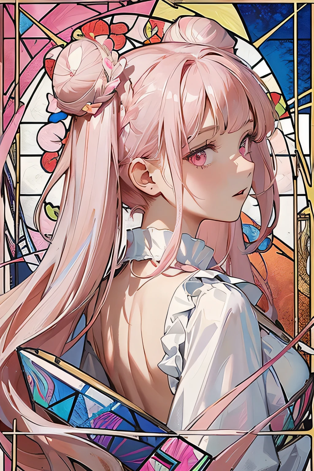 (masterpiece, Highest quality), 8K,(((Very detailed))), race:1.8,Super intricate race pattern,colorful race pattern,Stained Glass Background, kaleidoscope,light up, 1 female,Open Back,Top Bust:1.5,(Hair Ribbon:0.4), Pink Eyes,(((White bun hair))),(((Long pink hair))),