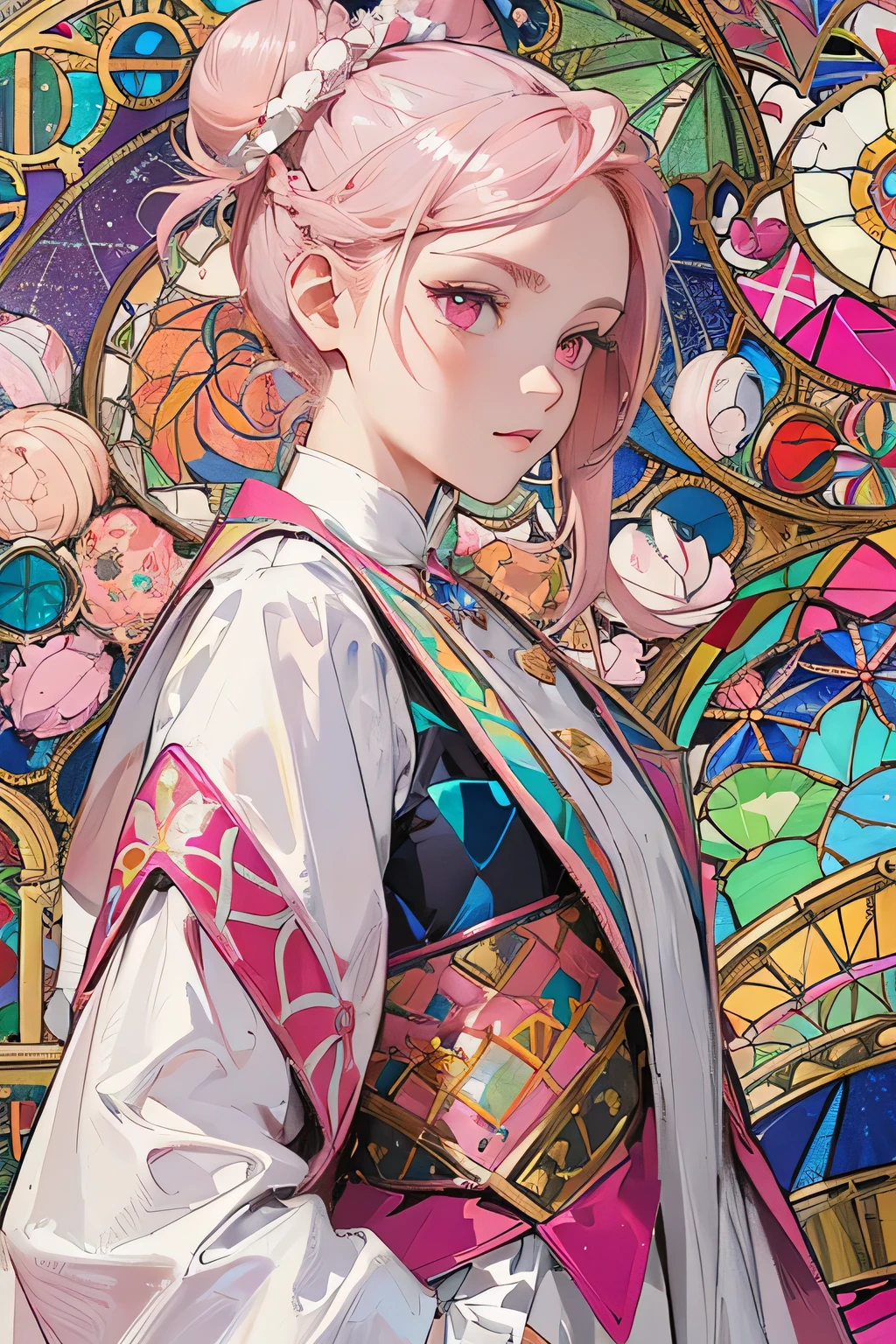 (masterpiece, Highest quality), 8K,(((Very detailed))), race:1.8,Super intricate race pattern,colorful race pattern,Stained Glass Background, kaleidoscope,light up, 1 female,Open Back,Top Bust:1.5,(Hair Ribbon:0.4), Pink Eyes,(((White bun hair))),(((Long pink hair))),