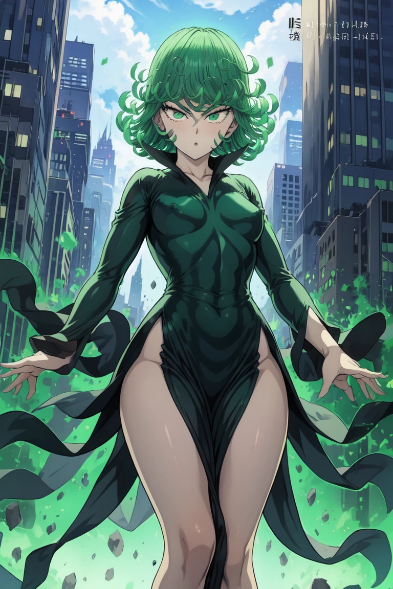 Tatsumaki of a punch man, short green hair, green eyes, medium chest, full body view, wearing black V-neck dress with long sleeves and four high-cut leg slits, smiling, Standing in a destroyed city, dynamic pose , dynamic vision , hands on hips, legs muscular, nsfw, hentai