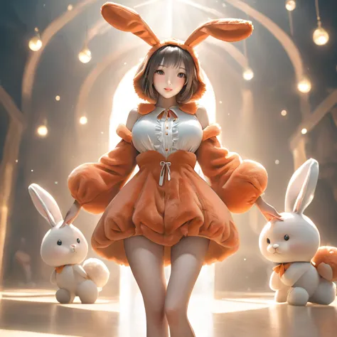 A woman wearing a furry bunny costume，Wearing big bunny ears, full-body shot, Wide Angle, Lovely又充满童真表情, Professional Portraits,...