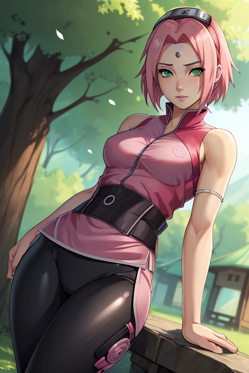 ((Ultra quality)), ((Masterpiece)), Sakura Haruno, Naruto, ((short pink hair)), (Beautiful cute face), (beautiful female lips), charming, ((sexy facial expression)), Look at the camera, eyes slightly open, (White skin color), (blue skin), glow on the body, ((beautiful detailed female eyes)), ((green eyes)), (juicy female lips), (black eyeliner), (beautiful female hands), ((Ideal female figure)), ideal female body, Beautiful waist, beautiful thighs, beautiful small breasts, ((subtle and beautiful)), lies tantalizingly (closeup of face), (Sakura Haruno, tight black leggings) bottom: hidden leaf town, Naruto shippuden, ((depth of field)), ((high quality clear image)), (clear details), ((high detail)), realistically, professional photo shoot, ((clear focus)), cheered up