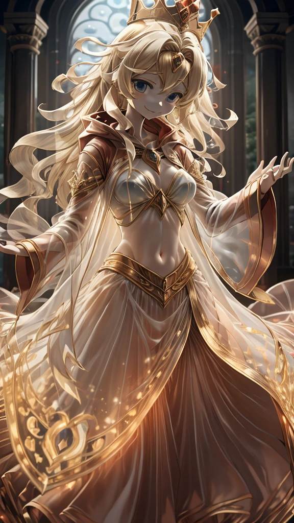 Queen，Innocent expression，Innocent smile，crown，redcloak，bionde， red，redcloak，cloak，Transparent skirt，Transparent textured skirt，Transparent textured skirt，Transparent shirt，Transparent coat，Transparent coat，Transparent coat，Translucent raincoat，Bottom lining，Lining with transparent coat，半Transparent coat，No nsfw content，Review，Transparent coat，Transparent textured skirt，Content Review