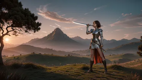 Short-haired female knight holding a moonlight sword，Standing on a piece of land，dusk、epic、HD
