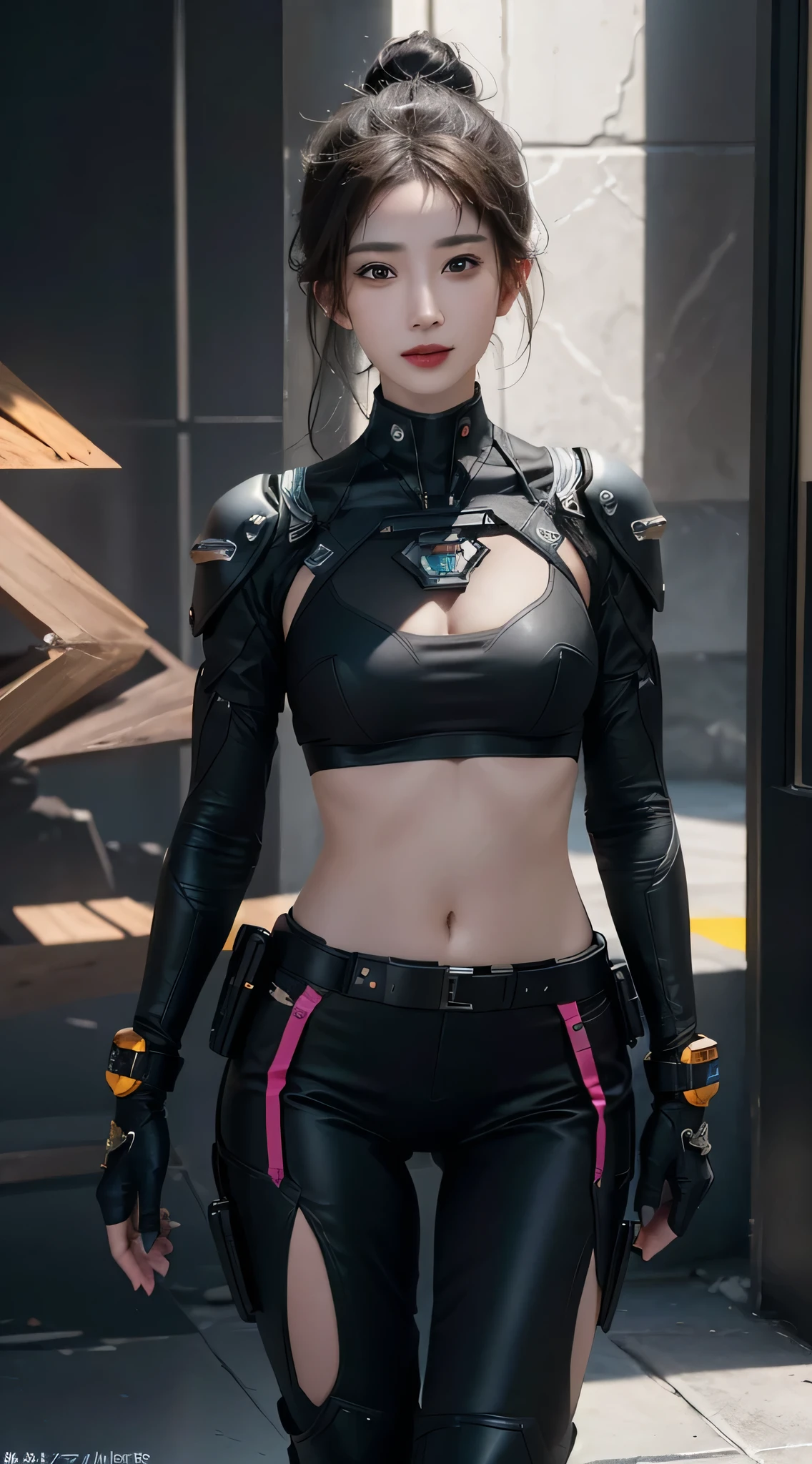 ((best quality)), ((masterpiece)), (detailed:1.4), 3d, Image of a beautiful cyberpunk woman,Human Development Report (High Dynamic Range),Ray Tracing,nvidia RTX,Super Resolution,Unreal 5,Subsurface scattering,PBR Textures,Post-Processing,Anisotropic filtering,Depth of Field,Maximum clarity and sharpness,Multi-layered textures,Albedo and Specular Maps,Surface Shading,Accurate simulation of the interaction between light and material,Perfect proportion,Octane Rendering,Two-color lighting,Large aperture,Low ISO,White Balance,Rule of Thirds,8K Native,Smiling