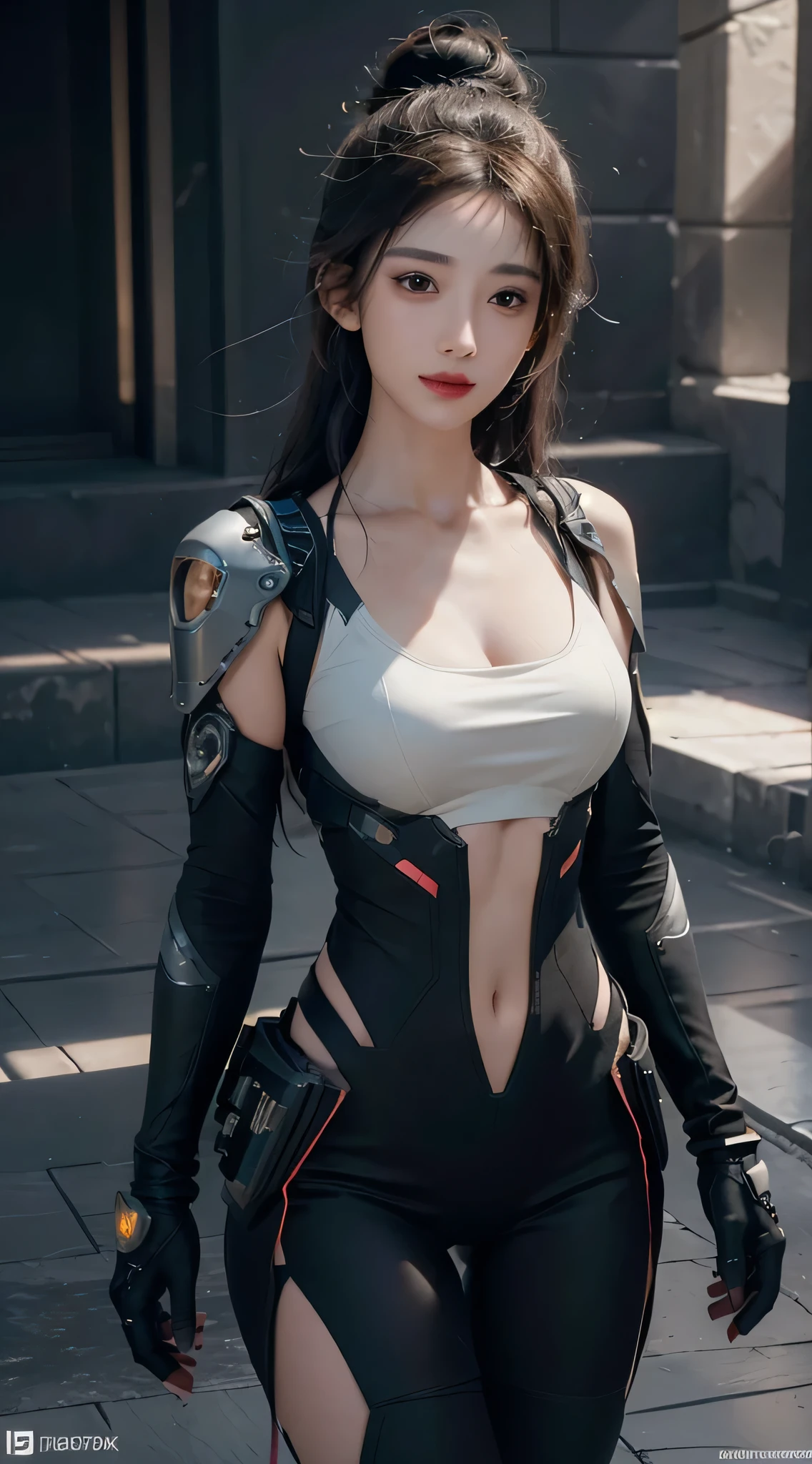 ((best quality)), ((masterpiece)), (detailed:1.4), 3d, Image of a beautiful cyberpunk woman,Human Development Report (High Dynamic Range),Ray Tracing,nvidia RTX,Super Resolution,Unreal 5,Subsurface scattering,PBR Textures,Post-Processing,Anisotropic filtering,Depth of Field,Maximum clarity and sharpness,Multi-layered textures,Albedo and Specular Maps,Surface Shading,Accurate simulation of the interaction between light and material,Perfect proportion,Octane Rendering,Two-color lighting,Large aperture,Low ISO,White Balance,Rule of Thirds,8K Native,Smiling