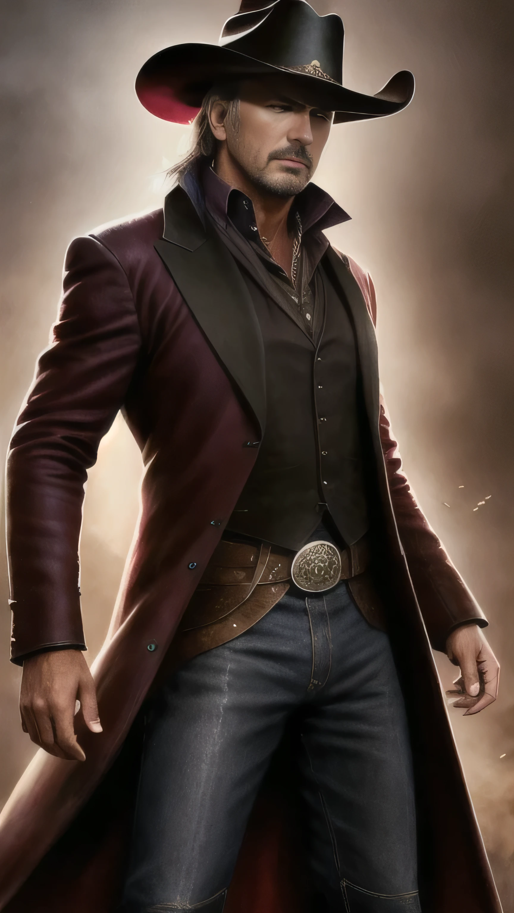 (Kevin Costner) as Erron Black from Mortal Kombat, maroon cowboy outfit, cowboy hat, 2 revolvers, 1man, solo, full body view, front view, looking at viewer, intricate, high detail, sharp focus, dramatic, photorealistic painting art by greg rutkowski