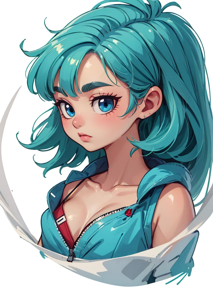 1girl, solo, (masterpiece), best quality, ultra-detailed, bulma, 1girl, solo, blue eyes, blue hair, aqua hair, long hair, bangs, straight hair, Retro style, fashion cloth, custome outfit, portrait, upper body, face detail, eyes detail: 1.3, simple background, (white background), toriyama akira
