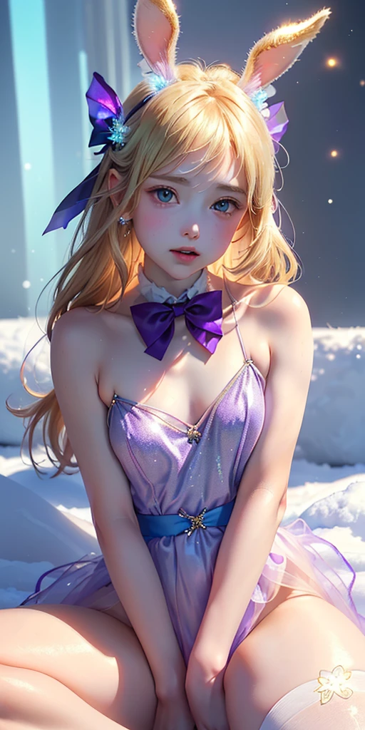 masterpiece, best quality, extremely detailed CG unity 8k wallpaper,((Upper Body)) ,((Upper Body head close-up shot of a beautiful little girl)), , Elegant Long straight blonde hair, (Mckenna Grace), ((flat chest,thighs,Autoluminescence skin)),Transparent (purple-blue) golden (Glittering tutu,long Bunny Ear Headgear, , Bow-tie, No panties, genitals visible), ((sitting,spread legs)),(), (Blush), , (), (A world of ice and snow), pretty face, key art, award winning, intricate detail realism hdr, by (ruan jia and artgerm and range murata), Photorealism, Hyperrealism, ultra realistic, dramatic light, intense shadows, gorgeous view, depth of field