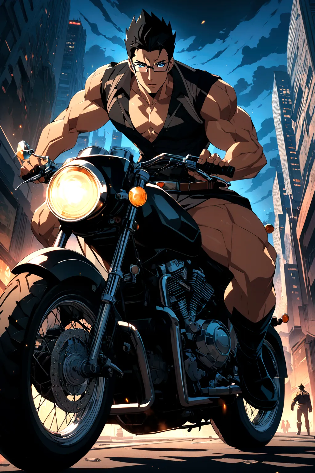 a handsome boy with intense blue eyes. black hair, dressed in very masculine clothes and a motorcycle. attractive, seductive, pa...