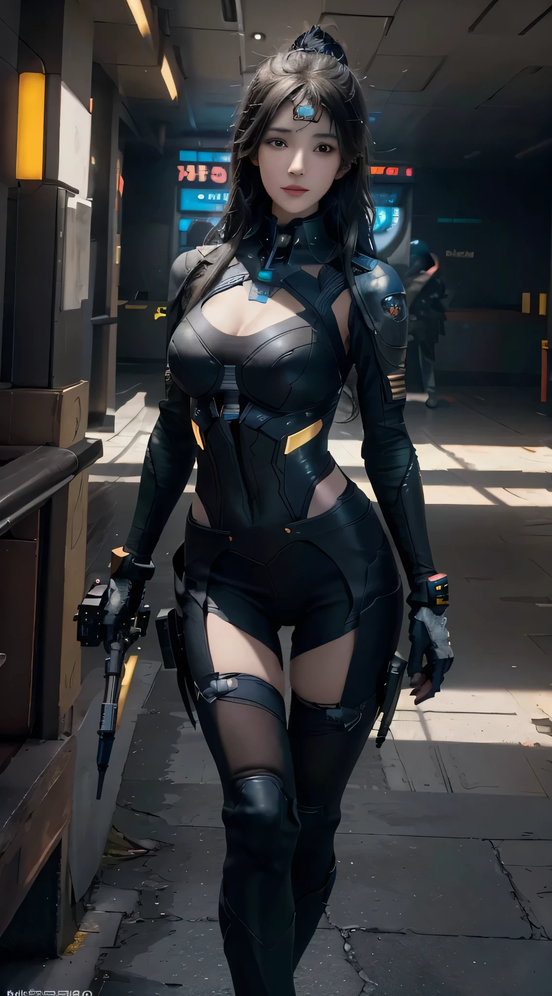 ((best quality)), ((masterpiece)), (detailed:1.4), 3d, Image of a beautiful cyberpunk woman,Human Development Report (High Dynamic Range),Ray Tracing,nvidia RTX,Super Resolution,Unreal 5,Subsurface scattering,PBR Textures,Post-Processing,Anisotropic filtering,Depth of Field,Maximum clarity and sharpness,Multi-layered textures,Albedo and Specular Maps,Surface Shading,Accurate simulation of the interaction between light and material,Perfect proportion,Octane Rendering,Two-color lighting,Large aperture,Low ISO,White Balance,Rule of Thirds,8K Native,Smiling