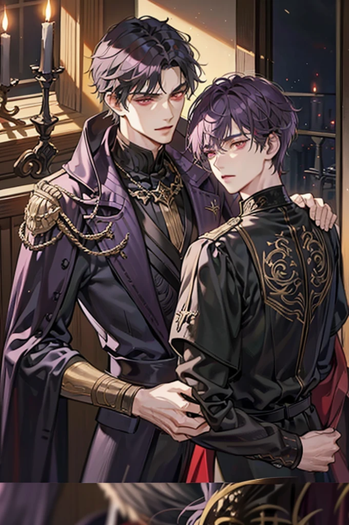 1 male, adult, tall and lean,  handsome, short purple hair, dark red eyes, condescending, bad boy, a prince dressed in black with gold embroidery, medieval, fantasy, close up, candles and black magic