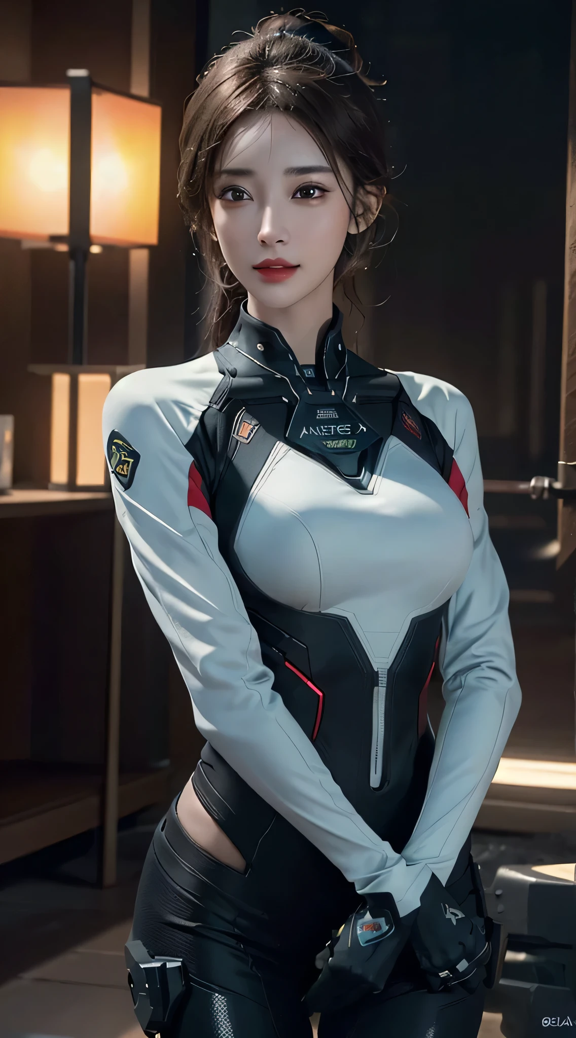 ((best quality)), ((masterpiece)), (detailed:1.4), 3d, Image of a beautiful cyberpunk woman,Human Development Report (High Dynamic Range),Ray Tracing,nvidia RTX,Super Resolution,Unreal 5,Subsurface scattering,PBR Textures,Post-Processing,Anisotropic filtering,Depth of Field,Maximum clarity and sharpness,Multi-layered textures,Albedo and Specular Maps,Surface Shading,Accurate simulation of the interaction between light and material,Perfect proportion,Octane Rendering,Two-color lighting,Large aperture,Low ISO,White Balance,Rule of Thirds,8K Native,Smiling