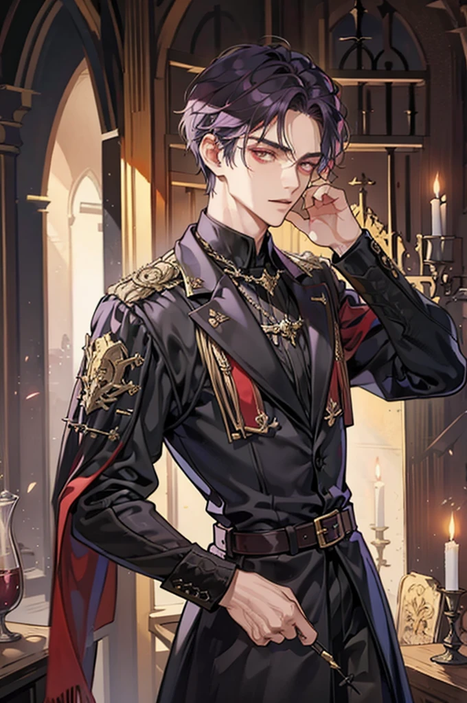 1 male, adult, tall and lean,  handsome, short purple hair, dark red eyes, condescending, bad boy, a prince dressed in black with gold embroidery, medieval, fantasy, close up, candles and black magic