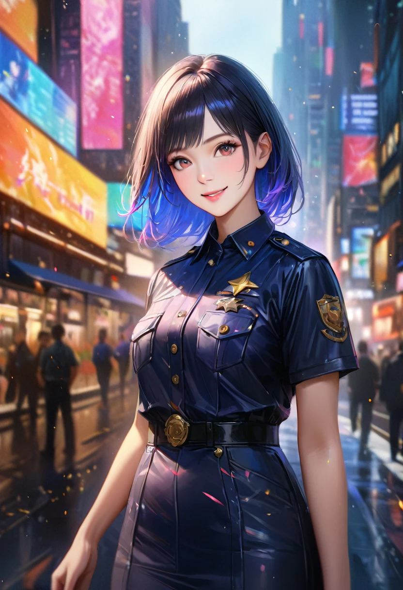 Roads in the city, Clear sky, policewoman, Blur the background,smile,Glitter effect,Highest quality, 8K, High resolution, masterpiece:1.2, Very detailed, Realistic:1.37, High resolution, 超High resolution, Ultra-fine painting, Very detailed, Professional, Vibrant colors