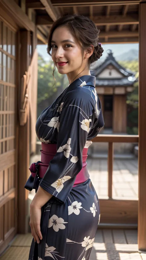 ((20 year old girl)), (Wearing a luxurious yukata, Jewelry: 1.4), ((Inside a Medieval Japanese Palace)), (at night), (((Huge bre...