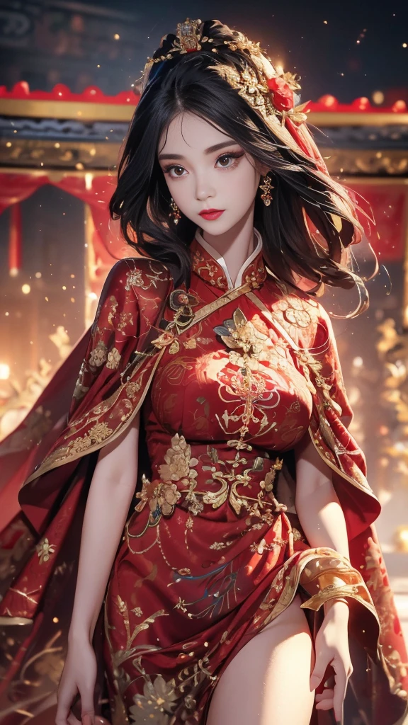 1 female，20 years old，center， She has long black hair，Red lips，Perfect thighs，(Keep your eyes on the camera:1.5)，stand up，night，ancient pavilion，imperial palace，From the front， curls， Gloomy sky，（（（masterpiece），（Highly detailed CG Unity 8k wallpaper），best quality，Movie Lighting，Detailed background，Beautiful right eye pupil，（Very delicate and beautiful），（Beautiful and detailed description of the eyes），Extremely detailed，masterpiece，）），high resolution，Extremely detailed），queen of china（apparel：，Gold wire embroidery，Red cheongsam，Lace，Red cape），
