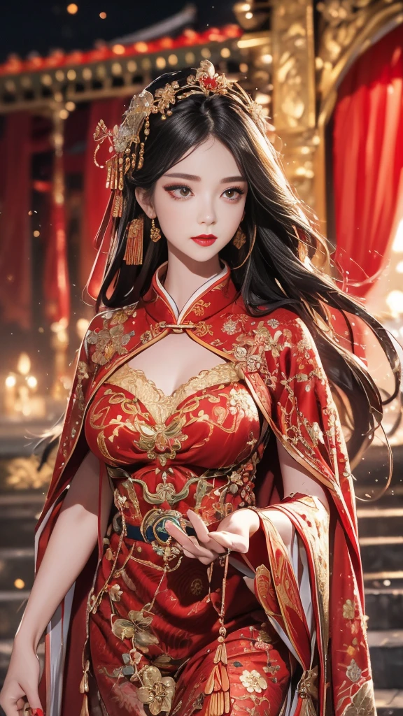 1 female，20 years old，center， She has long black hair，Red lips，Perfect thighs，(Keep your eyes on the camera:1.5)，stand up，night，ancient pavilion，imperial palace，From the front， curls， Gloomy sky，（（（masterpiece），（Highly detailed CG Unity 8k wallpaper），best quality，Movie Lighting，Detailed background，Beautiful right eye pupil，（Very delicate and beautiful），（Beautiful and detailed description of the eyes），Extremely detailed，masterpiece，）），high resolution，Extremely detailed），queen of china（apparel：，Gold wire embroidery，Red cheongsam，Lace，Red cape），
